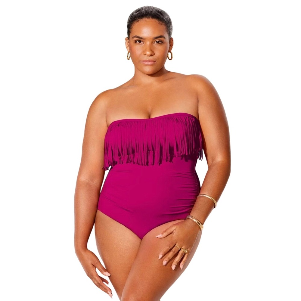 Swimsuits‎ For All Magenta Pink Fringe Strapless One Piece Swimsuit Size 22